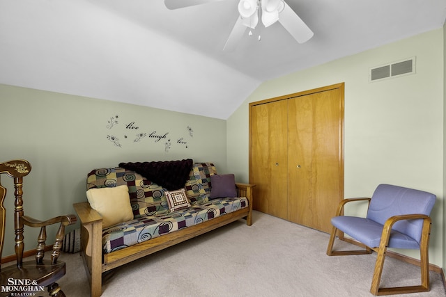 23875 Settlers Dr, Macomb Twp, MI 48042 - sitting room with carpet flooring, a ceiling fan, and lofted ceiling