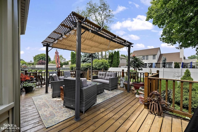 23875 Settlers Dr, Macomb Twp, MI 48042 - deck featuring outdoor lounge area, a pergola, and a fenced backyard
