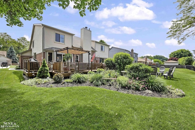 23875 Settlers Dr, Macomb Twp, MI 48042 - rear view of property with a wooden deck, brick siding, and a chimney