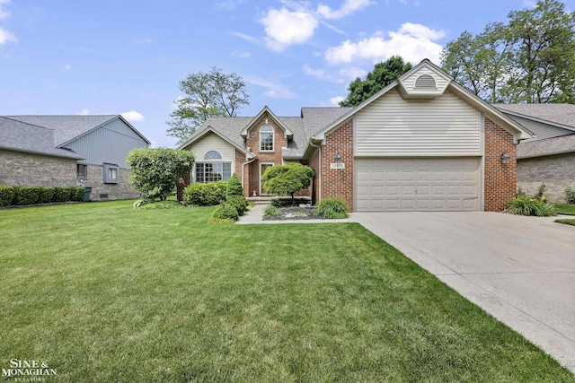 23875 Settlers Dr, Macomb Twp, MI 48042 - view of front of property with brick siding, a garage, concrete driveway, and a front lawn