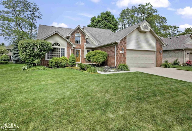 23875 Settlers Dr, Macomb Twp, MI 48042 - view of front of house with brick siding, driveway, an attached garage, a front lawn, and a shingled roof