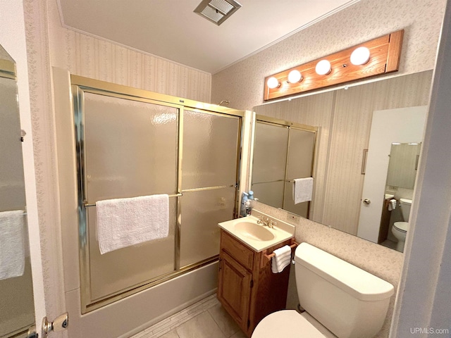 2010 Deer Lake Ave, Ishpeming, MI 49849 - bathroom with vanity, combined bath / shower with glass door, and wallpapered walls