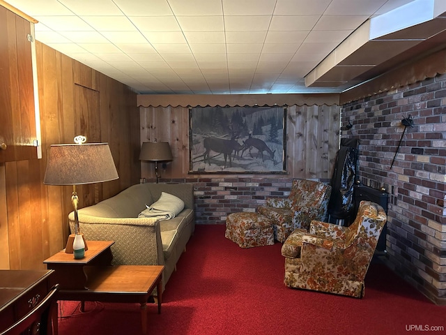 2010 Deer Lake Ave, Ishpeming, MI 49849 - carpeted bedroom featuring wooden walls and brick wall