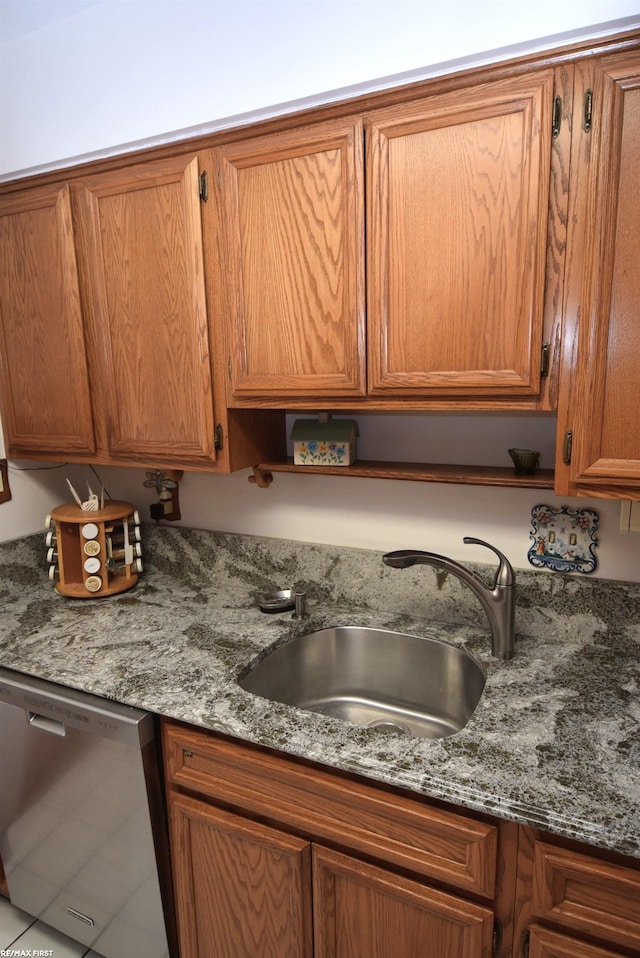 131 Cherryl Ln Unit 4, Algonac, MI 48001 - kitchen with dishwasher, brown cabinets, and stone counters