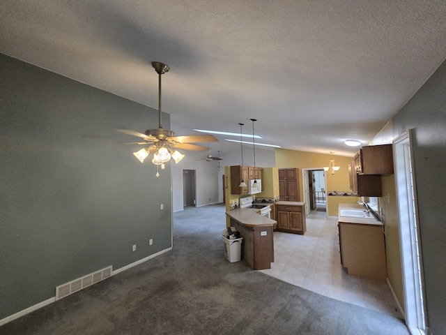 10505 N Athey Ave, Harrison, MI 48625 - kitchen featuring vaulted ceiling, white electric stove, ceiling fan, light countertops, and brown cabinetry