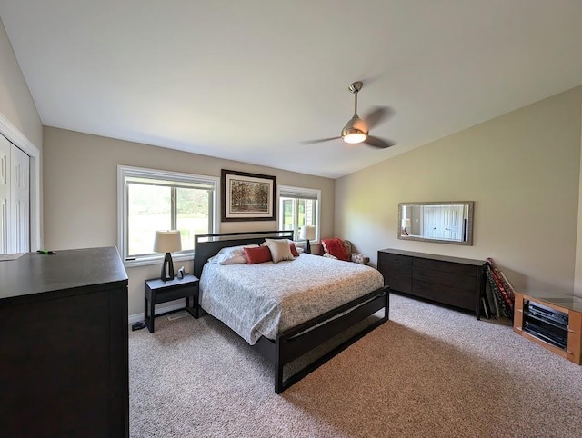 5953 Qwinn Ct, Bay City, MI 48706 - bedroom with light carpet, vaulted ceiling, and ceiling fan