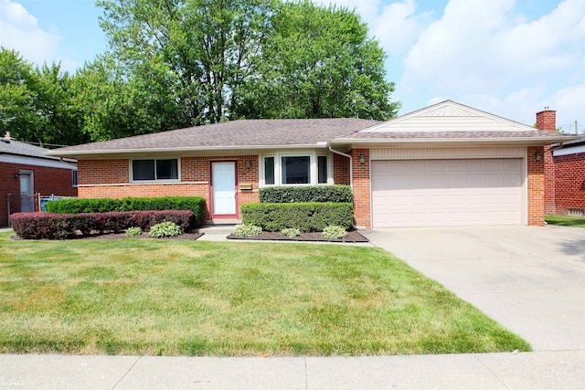31717 Tecla St, Warren, MI 48088 - single story home with a garage, concrete driveway, a front yard, brick siding, and a chimney
