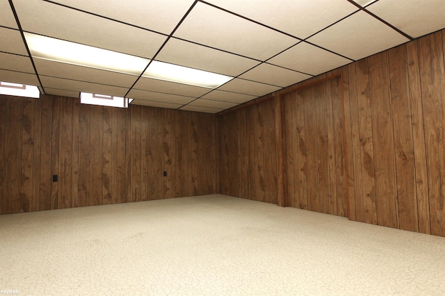 31717 Tecla St, Warren, MI 48088 - finished basement with carpet, wood walls, and a drop ceiling