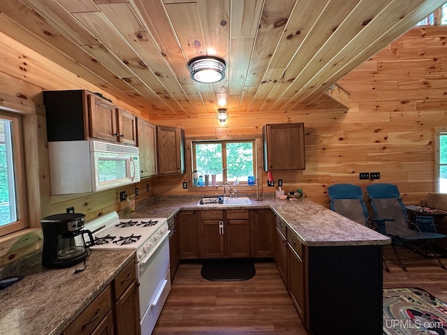 23505 Craig Lake Rd, Michigamme, MI 49861 - kitchen with white appliances, dark wood-style flooring, a peninsula, wooden ceiling, and plenty of natural light