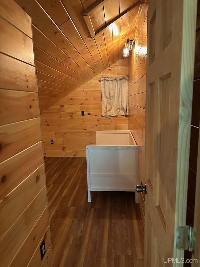 23505 Craig Lake Rd, Michigamme, MI 49861 - bonus room featuring vaulted ceiling, wooden walls, dark wood-style flooring, and wooden ceiling
