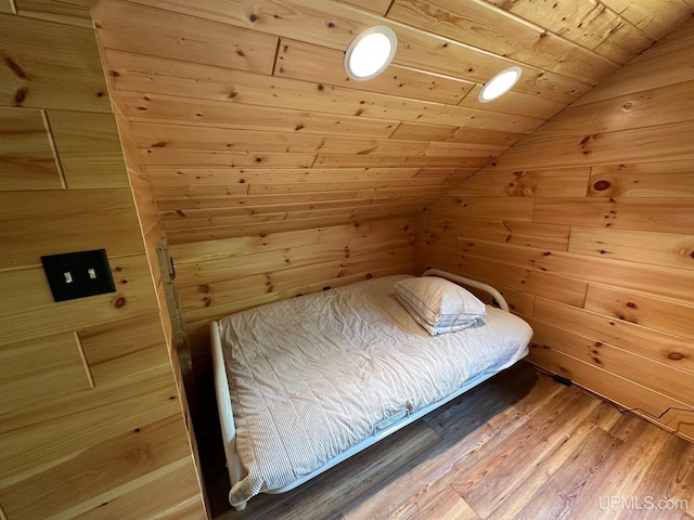 23505 Craig Lake Rd, Michigamme, MI 49861 - bedroom featuring vaulted ceiling, wooden walls, wood finished floors, and wood ceiling