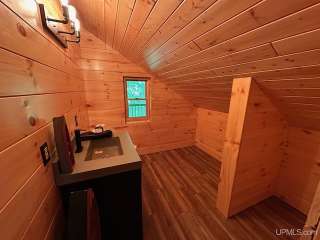 23505 Craig Lake Rd, Michigamme, MI 49861 - additional living space featuring lofted ceiling, wood ceiling, wooden walls, and wood finished floors