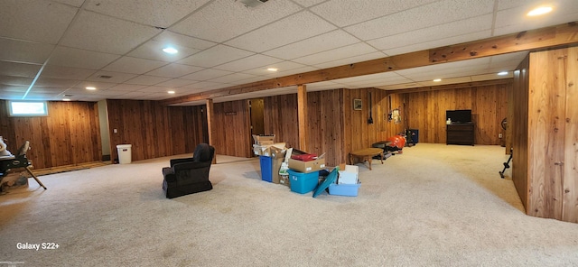 2793 Carina Dr, North Branch, MI 48461 - below grade area featuring carpet flooring, wood walls, and a drop ceiling
