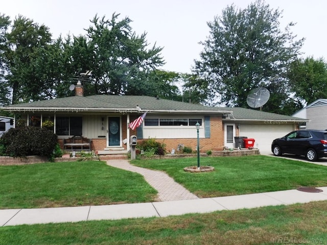 22311 Spitzley St, Clinton Township, MI 48035 - single story home featuring brick siding, a front lawn, an attached garage, and a chimney