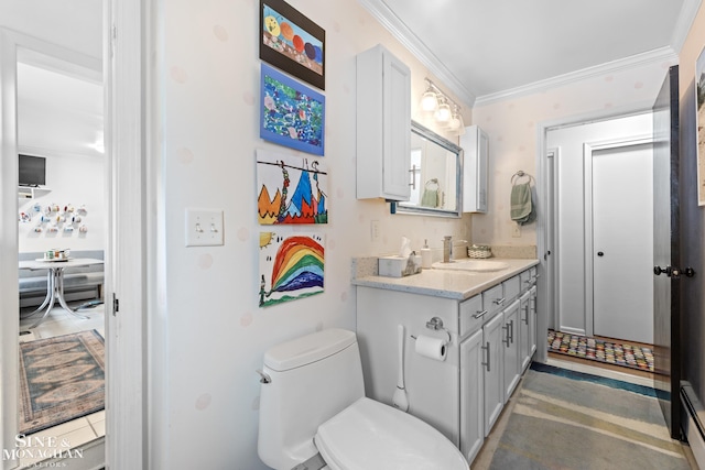 1389 Bedford Rd, Grosse Pointe Park, MI 48230 - bathroom featuring vanity, ornamental molding, and a baseboard radiator