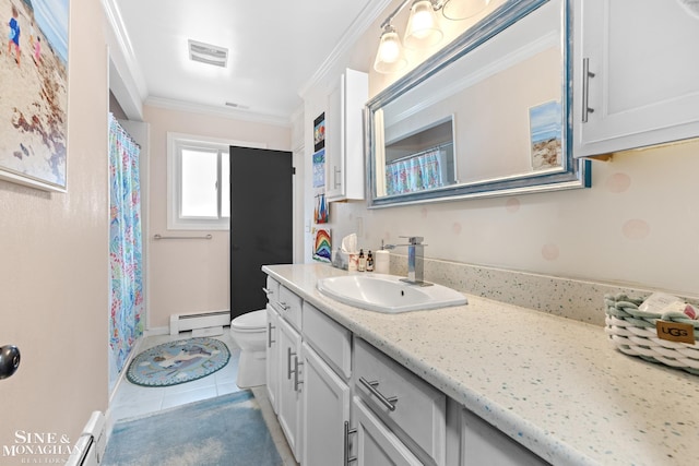 1389 Bedford Rd, Grosse Pointe Park, MI 48230 - bathroom with baseboard heating, vanity, tile patterned flooring, crown molding, and a shower with curtain