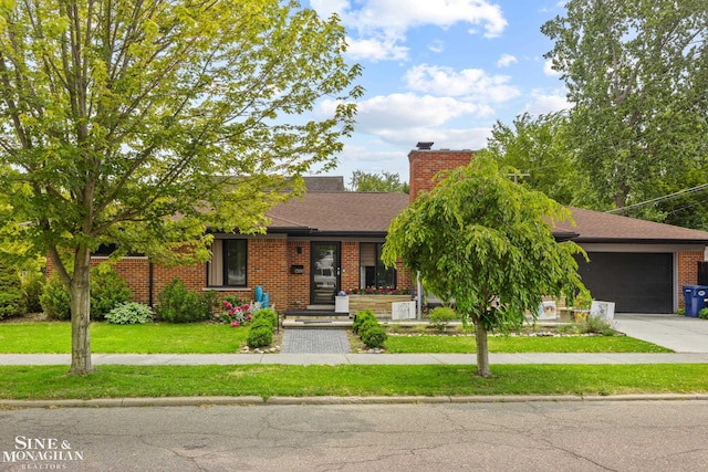 1389 Bedford Rd, Grosse Pointe Park, MI 48230 - obstructed view of property featuring concrete driveway, an attached garage, brick siding, a front lawn, and a chimney