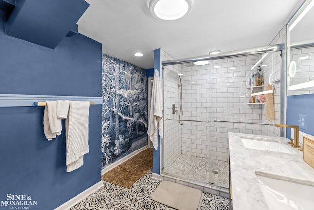 1389 Bedford Rd, Grosse Pointe Park, MI 48230 - full bath featuring a stall shower, tile patterned floors, double vanity, and recessed lighting
