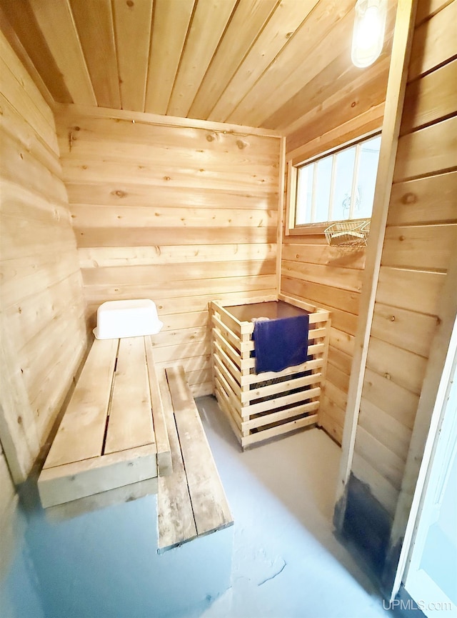 401 White St, Hancock, MI 49930 - relaxing sauna / steam room with wooden walls, finished concrete floors, and wooden ceiling