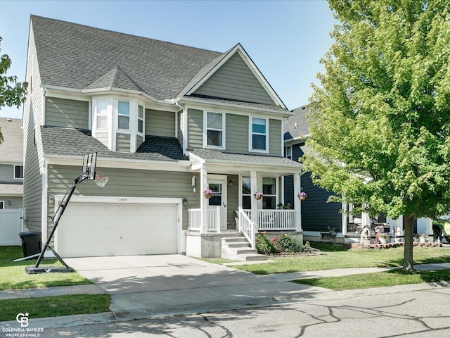 30569 Austin Ct, Chesterfield, MI 48051 - view of front of house featuring concrete driveway, a porch, a shingled roof, and a garage