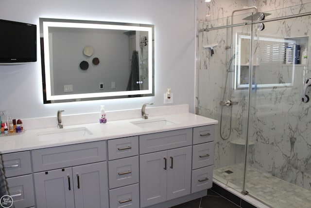 43980 Boulder Rd, Clinton Township, MI 48038 - full bathroom with a marble finish shower and double vanity
