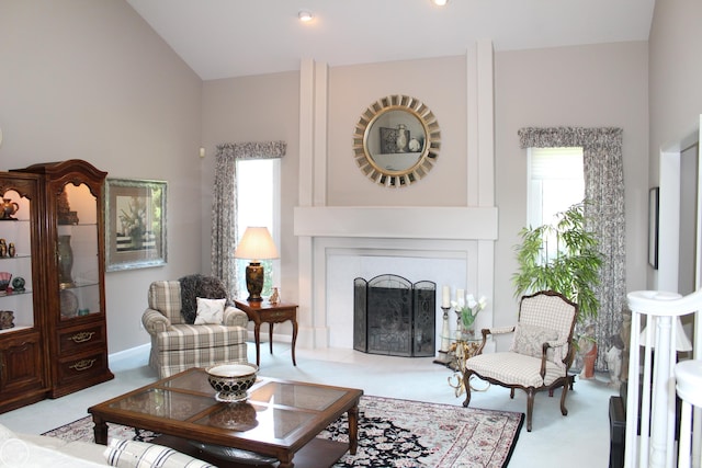 54640 Burlington Dr, Shelby Twp, MI 48315 - carpeted living area featuring plenty of natural light, a large fireplace, and lofted ceiling