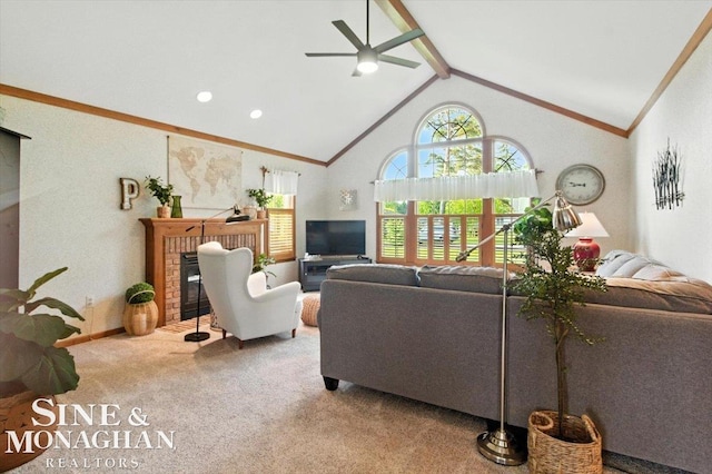 7119 Simons St, Lexington, MI 48450 - carpeted living area with a ceiling fan and a brick fireplace
