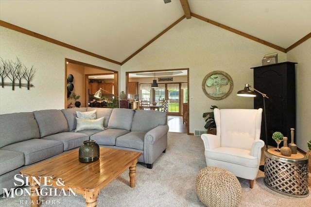 7119 Simons St, Lexington, MI 48450 - living area featuring ornamental molding and carpet floors
