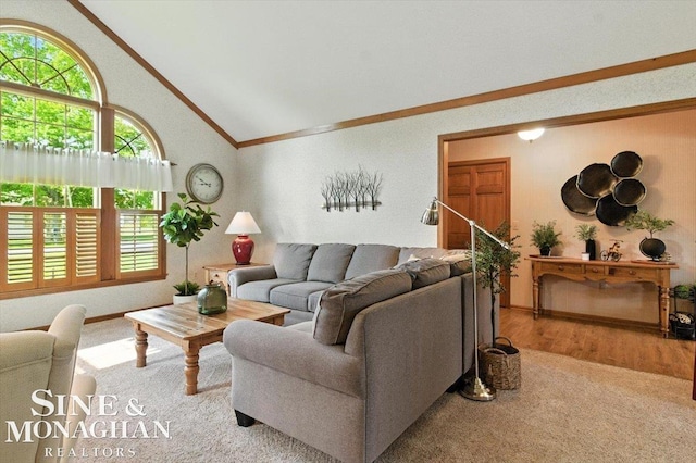 7119 Simons St, Lexington, MI 48450 - carpeted living area featuring crown molding and vaulted ceiling