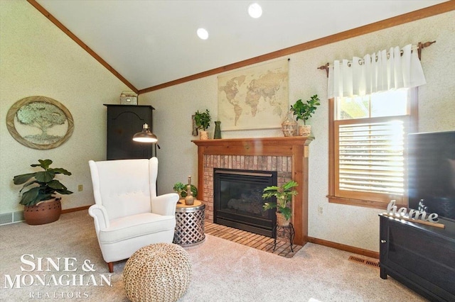 7119 Simons St, Lexington, MI 48450 - carpeted living area featuring lofted ceiling, a brick fireplace, and crown molding