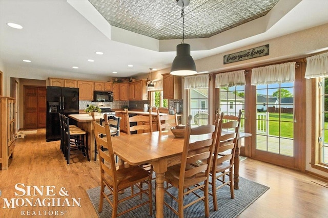 7119 Simons St, Lexington, MI 48450 - dining room with light wood-style flooring, an ornate ceiling, a tray ceiling, and recessed lighting