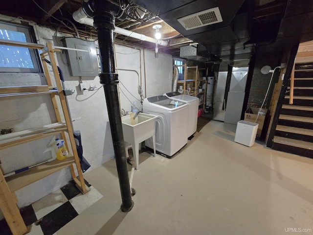 816 W Bluff St, Marquette, MI 49855 - below grade area featuring washing machine and dryer, electric panel, and secured water heater