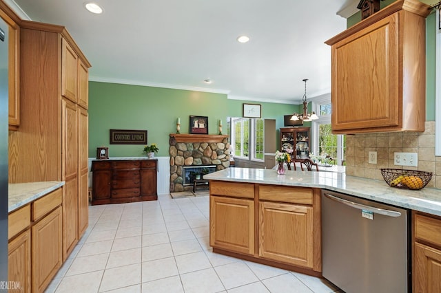 14329 Barton Dr, Washington Twp, MI 48094 - kitchen with stainless steel dishwasher, ornamental molding, light tile patterned flooring, a stone fireplace, and a peninsula