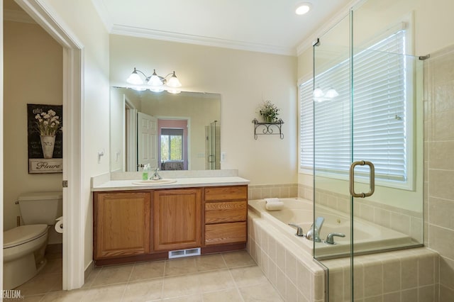 14329 Barton Dr, Washington Twp, MI 48094 - bathroom featuring a bath, vanity, crown molding, tile patterned flooring, and a shower with shower door