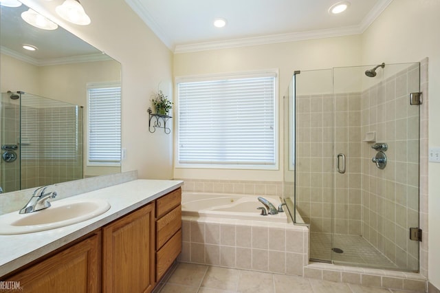 14329 Barton Dr, Washington Twp, MI 48094 - full bathroom featuring vanity, a stall shower, a garden tub, tile patterned flooring, and crown molding