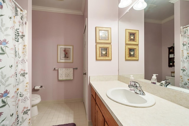 14329 Barton Dr, Washington Twp, MI 48094 - bathroom with vanity, tile patterned flooring, ornamental molding, and a shower with shower curtain