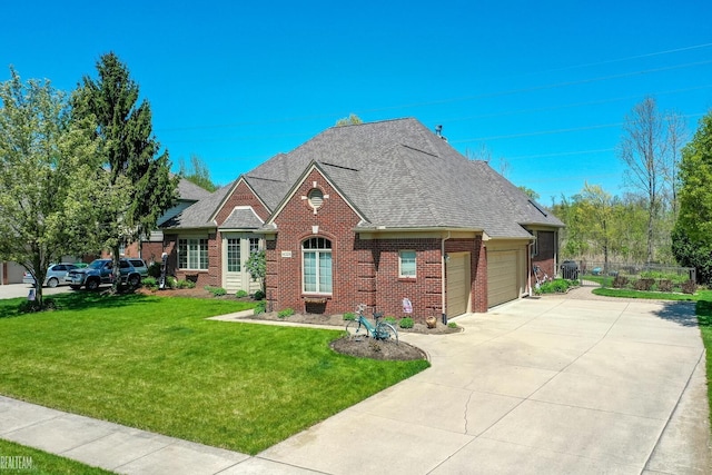 14329 Barton Dr, Washington Twp, MI 48094 - view of front of home featuring brick siding, a front yard, a shingled roof, driveway, and a garage
