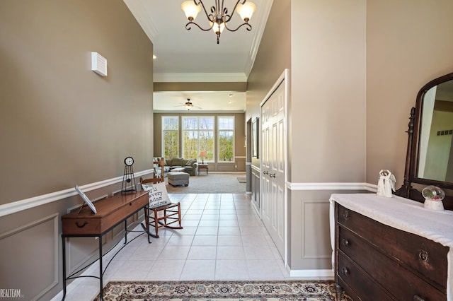 14329 Barton Dr, Washington Twp, MI 48094 - bathroom with ornamental molding, tile patterned flooring, a chandelier, a ceiling fan, and a decorative wall