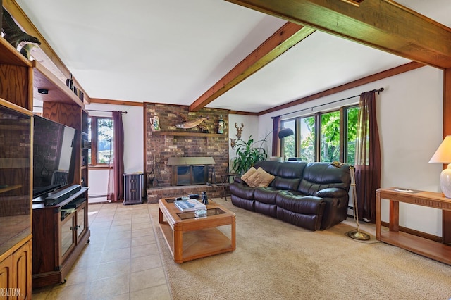 6499 Tubspring Rd, Almont, MI 48003 - living area with healthy amount of natural light, beam ceiling, a brick fireplace, light tile patterned flooring, and a baseboard heating unit