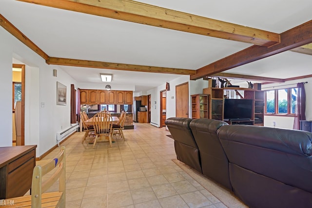 6499 Tubspring Rd, Almont, MI 48003 - living room with baseboard heating and beam ceiling