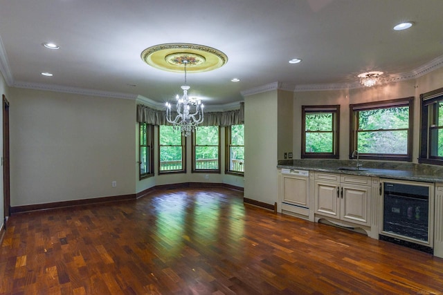 61801 Cetnor Ct, Washington, MI 48094 - kitchen with beverage cooler, a chandelier, dark wood-style flooring, crown molding, and recessed lighting