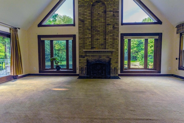 61801 Cetnor Ct, Washington, MI 48094 - unfurnished living room with high vaulted ceiling, carpet flooring, and a fireplace