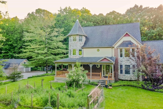 61801 Cetnor Ct, Washington, MI 48094 - view of front facade with stone siding, a front yard, a porch, and a shingled roof