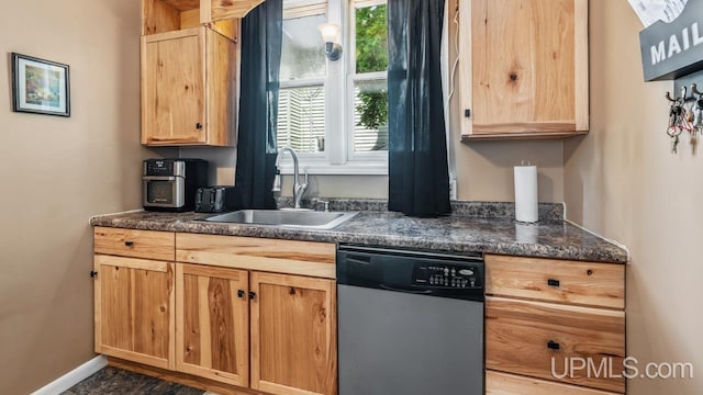 605 S 9th St, Escanaba, MI 49829 - kitchen featuring dishwasher, dark countertops, and light brown cabinetry