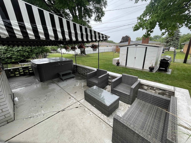 11485 Racine St, Warren, MI 48093 - view of patio featuring a hot tub, a shed, and area for grilling
