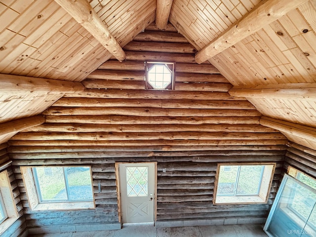 8ACRES Cable Lake Rd, Crystal Falls, MI 49920 - detailed view of log walls and a wood ceiling with exposed beams