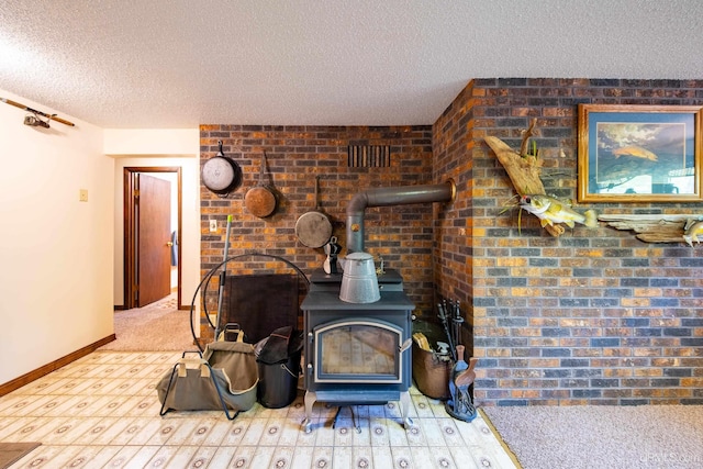 326 County Road Mp Rd, Negaunee, MI 49866 - detailed view of a wood stove, a textured ceiling, and brick wall