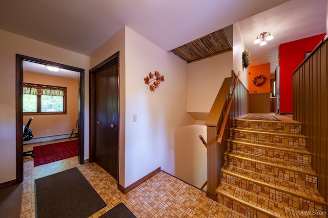 326 County Road Mp Rd, Negaunee, MI 49866 - staircase with baseboards and a baseboard radiator
