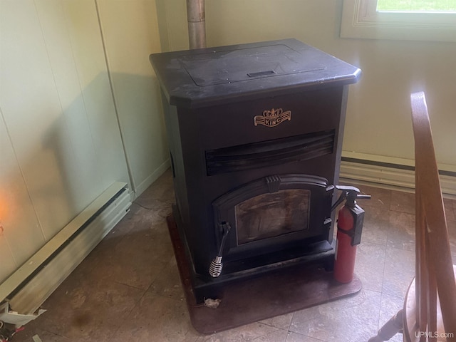 26121 S Calumet St, Laurium, MI 49913 - detailed view of a wood stove and a baseboard radiator