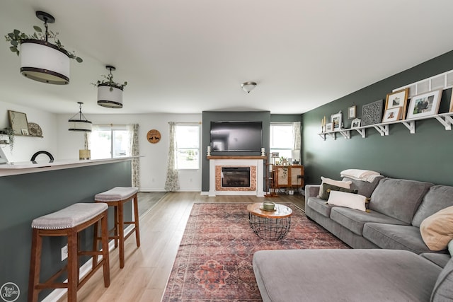 58530 Westmoore Cir, New Haven, MI 48048 - living room featuring plenty of natural light, light wood-style flooring, and a tile fireplace